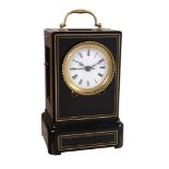 An unusual Swiss brass inlaid ebonised mantel clock with alarm Unsigned   An unusual Swiss brass