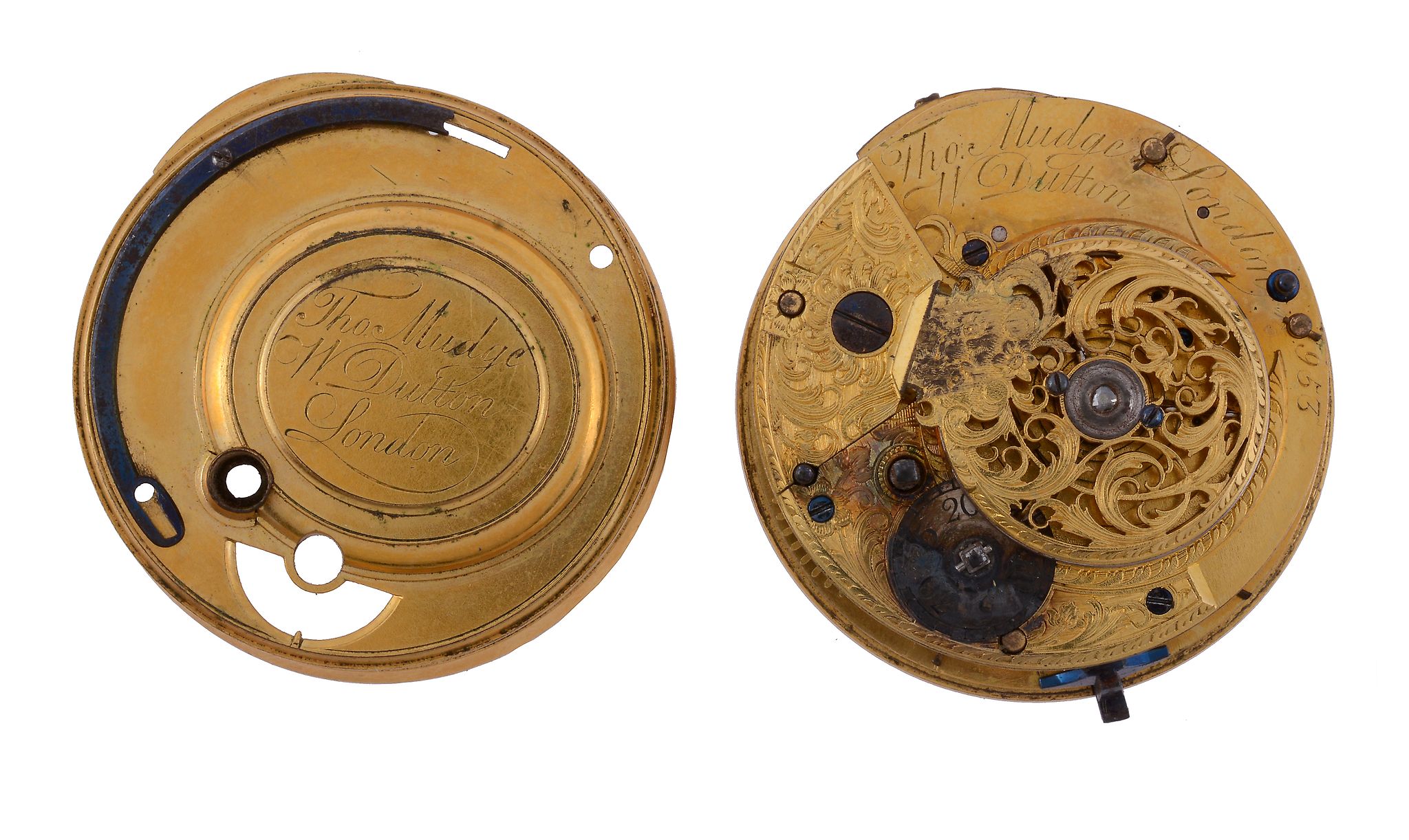 A George II/III gilt brass verge pocket watch movement with cylinder...   A George II/III gilt brass