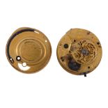 A George II/III gilt brass verge pocket watch movement with cylinder...   A George II/III gilt brass