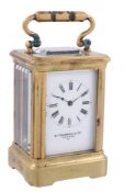 A French lacquered brass miniature carriage timepiece Retailed by W   A French lacquered brass
