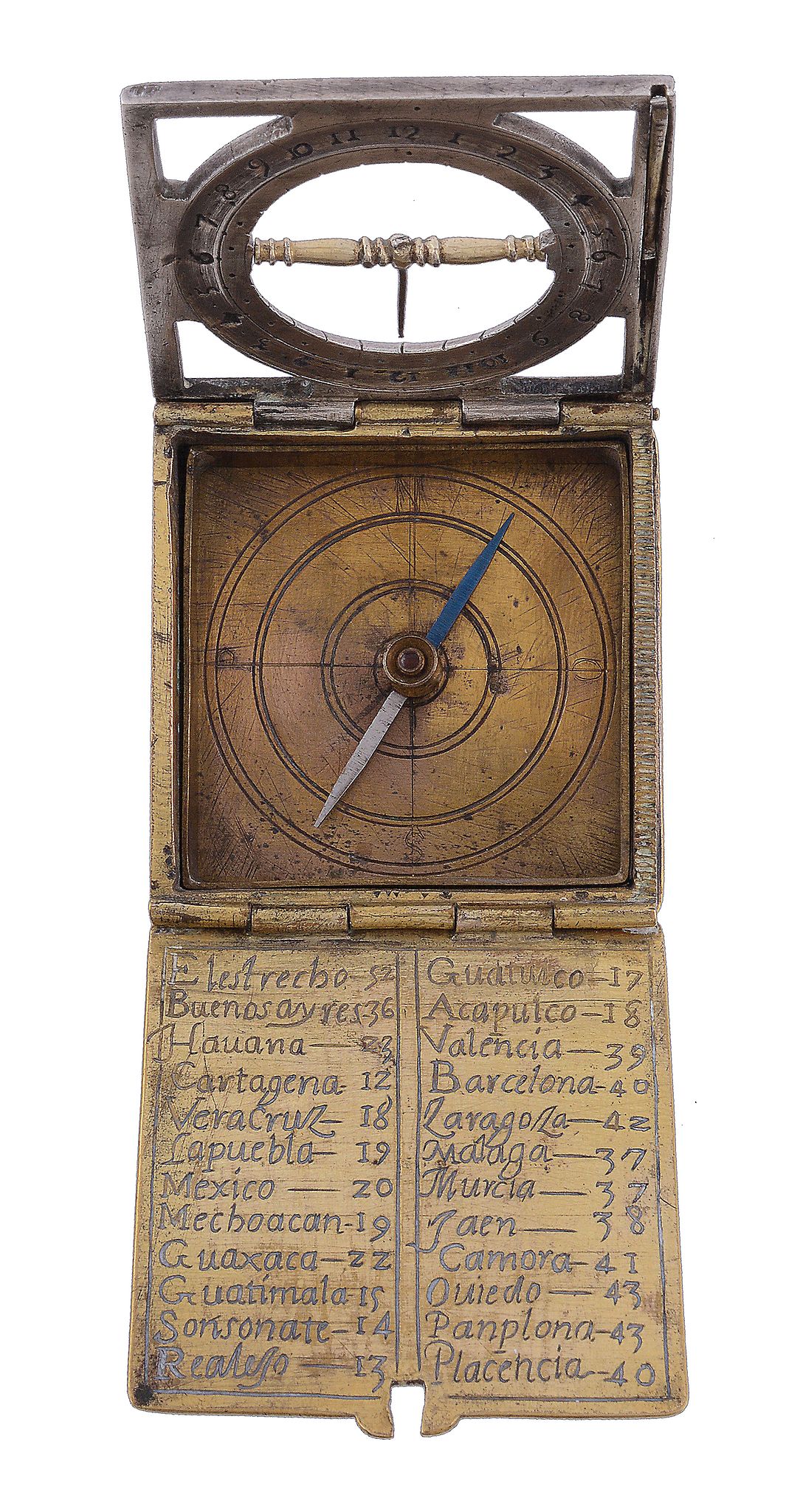 A rare Spanish brass and silver portable equinoctial compass sundial Unsigned   A rare Spanish brass - Image 2 of 5