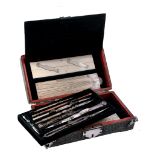 A silver mounted shagreen cased part set of mathematical drawing instruments...   A silver mounted