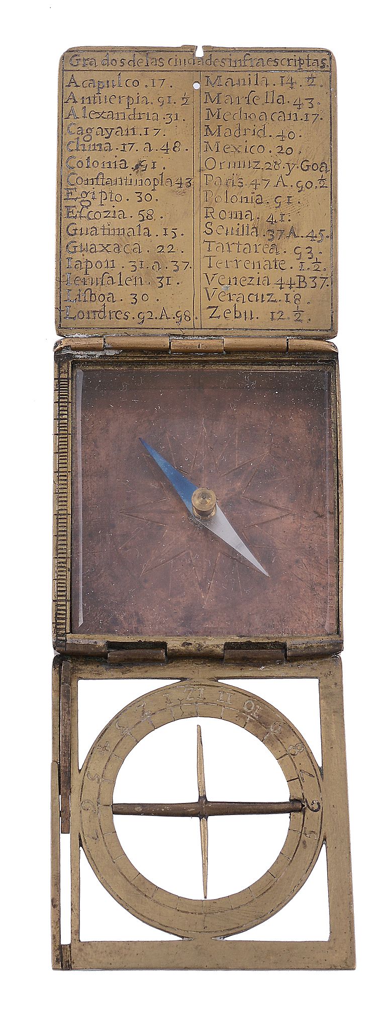 A rare Spanish brass portable equinoctial compass sundial Unsigned   A rare Spanish brass portable - Image 2 of 4