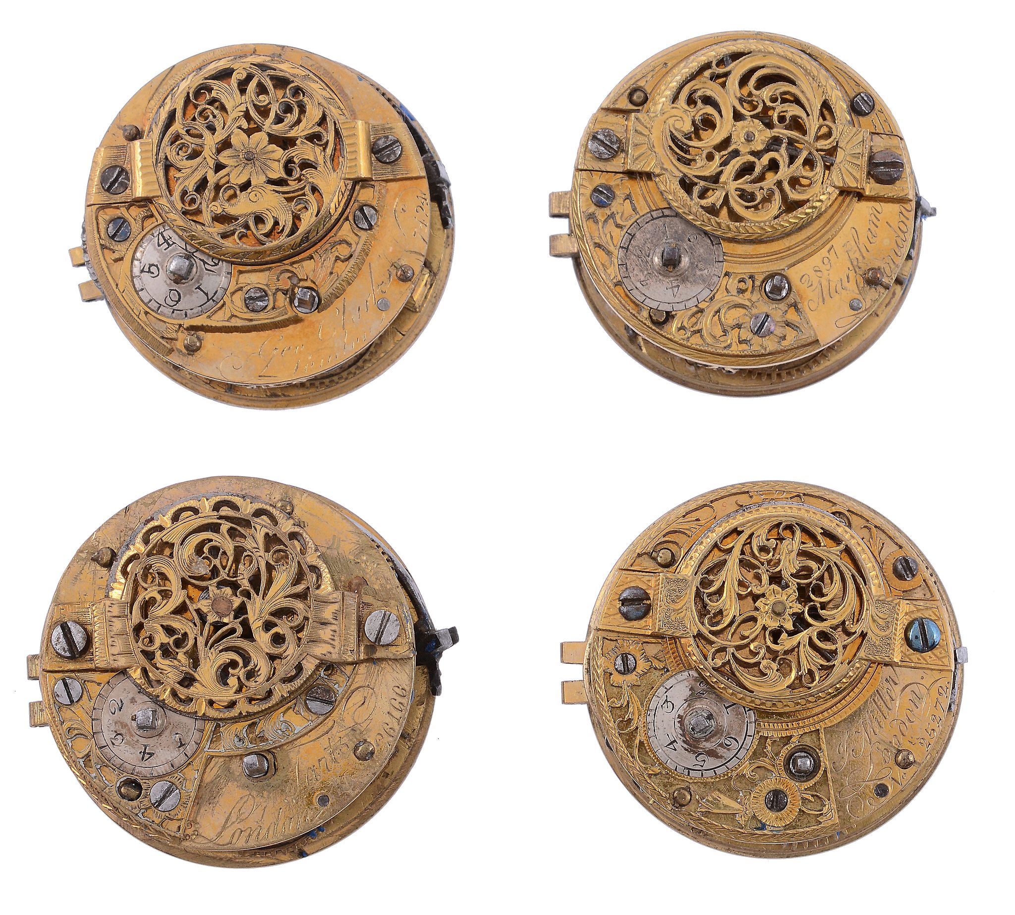 Four similar Dutch gilt brass verge pocket watch movements Bearing various...   Four similar Dutch