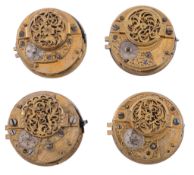 Four similar Dutch gilt brass verge pocket watch movements Bearing various...   Four similar Dutch