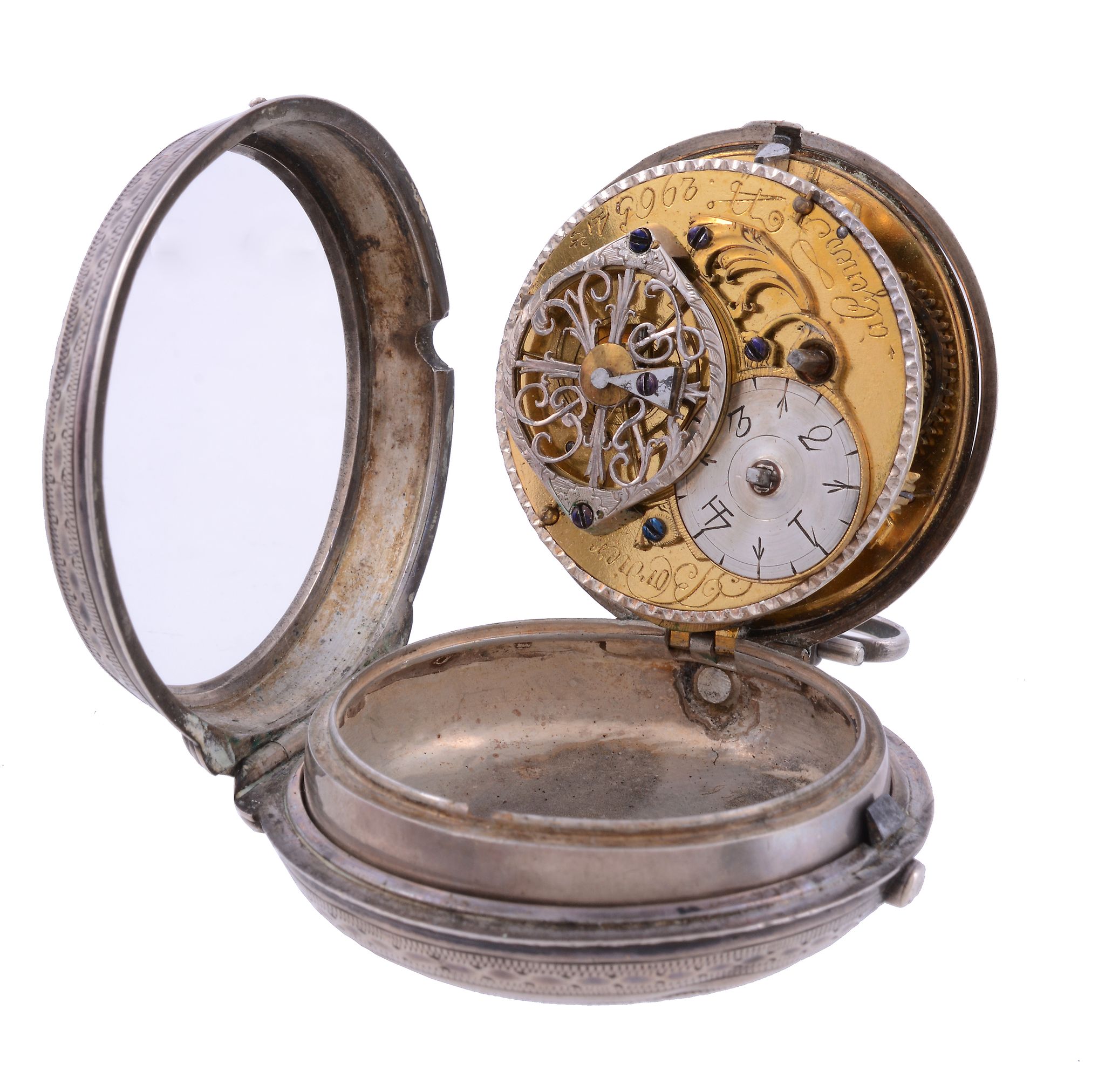 A Swiss silver pair-cased verge pocket watch Bordier, Geneva   A Swiss silver pair-cased verge - Image 2 of 2