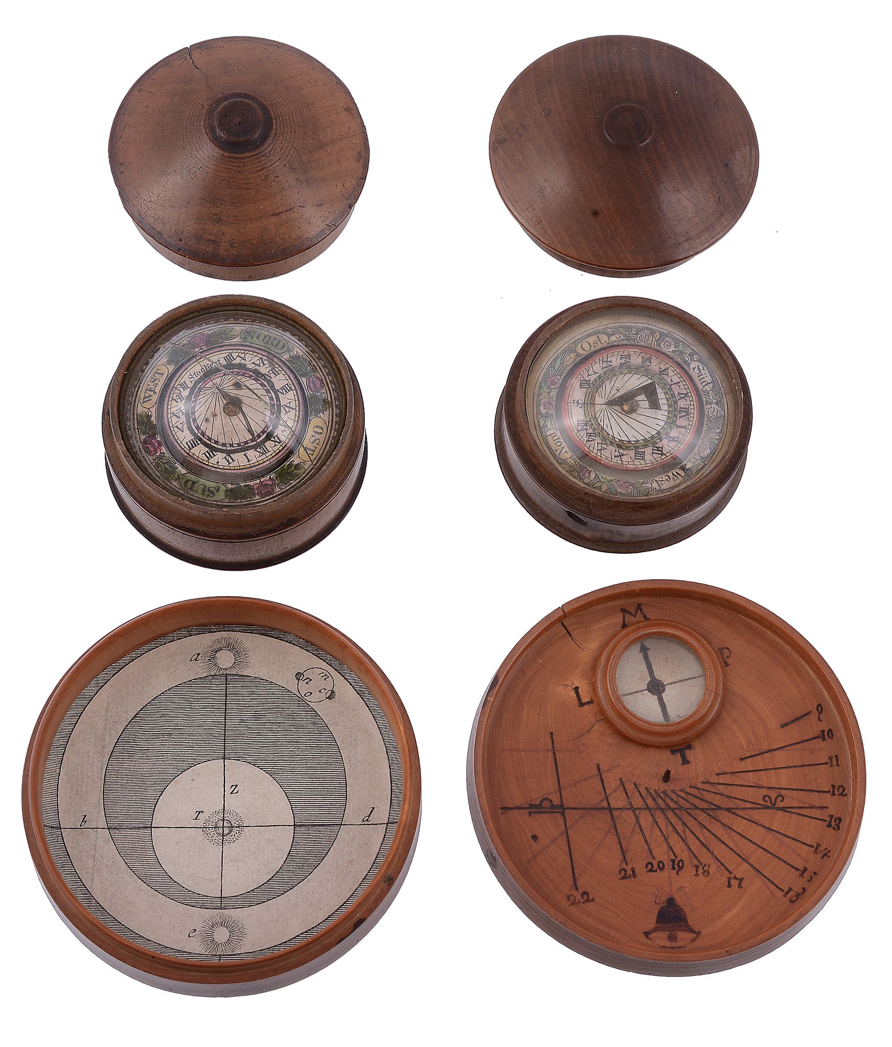 Two similar German fruitwood cased floating gnomon horizontal compass...   Two similar German