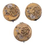 Three similar gilt brass verge pocket watch movements Various makers   Three similar gilt brass