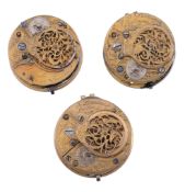 Three similar gilt brass verge pocket watch movements Various makers   Three similar gilt brass