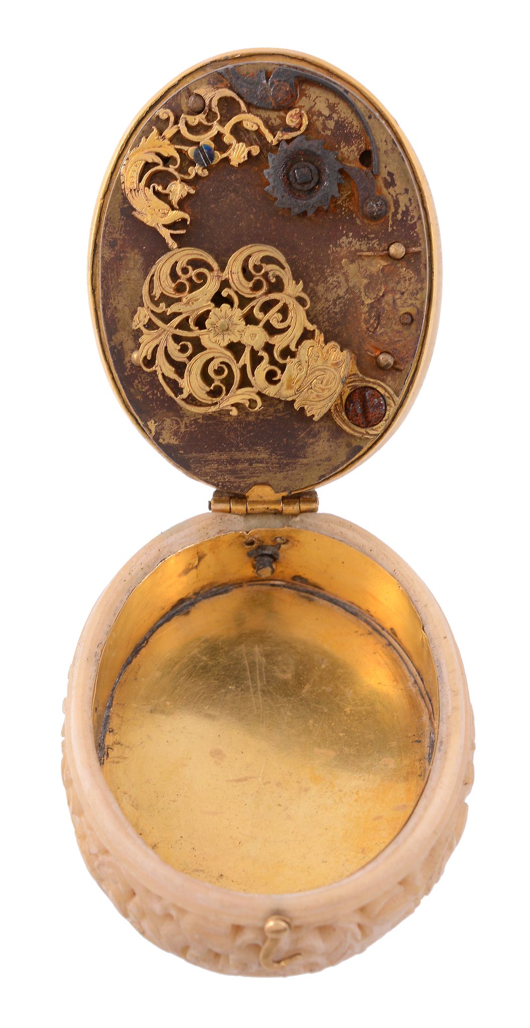 A fine Renaissance style gilt brass and pierced ivory pendant watch Unsigned   A fine Renaissance - Image 3 of 6