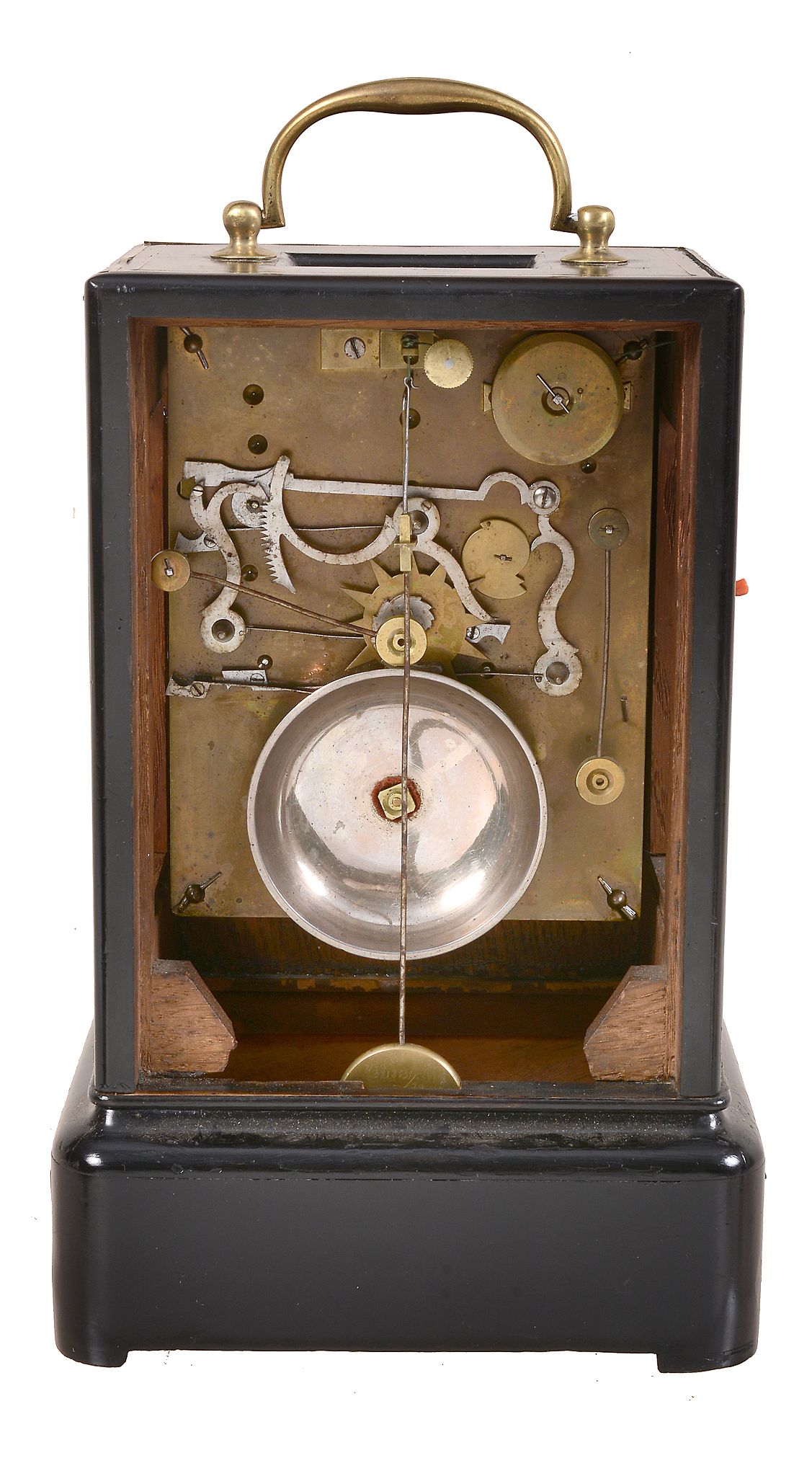 An unusual Swiss brass inlaid ebonised mantel clock with alarm Unsigned   An unusual Swiss brass - Image 2 of 2