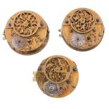 Three similar Dutch gilt brass verge pocket watch movements Bearing various...   Three similar Dutch