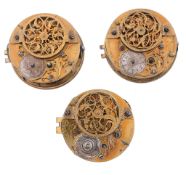 Three similar Dutch gilt brass verge pocket watch movements Bearing various...   Three similar Dutch