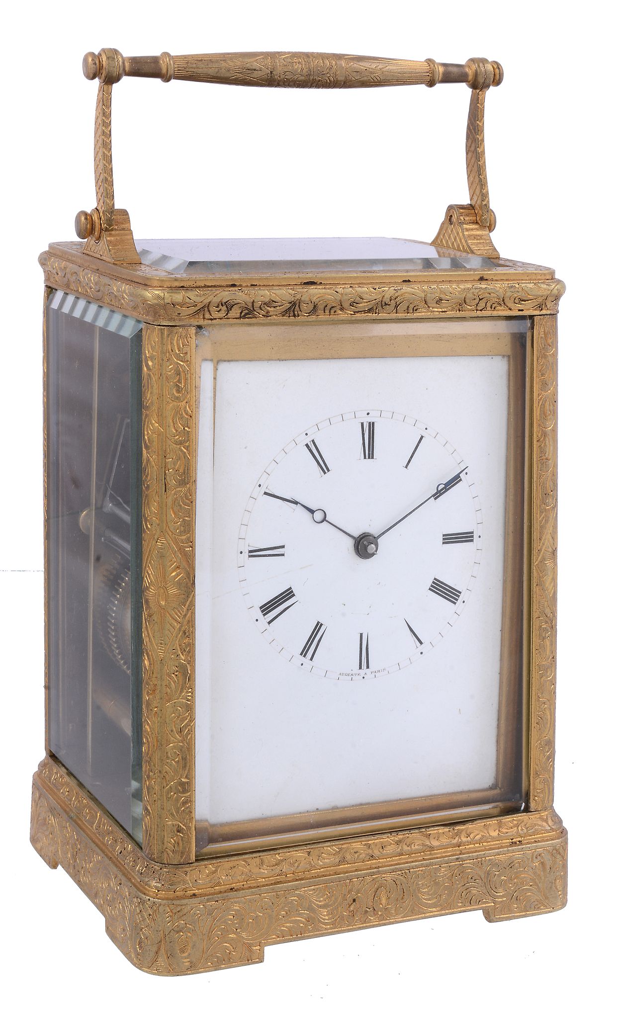 A fine French engraved gilt brass carriage clock Auguste, Paris   A fine French engraved gilt