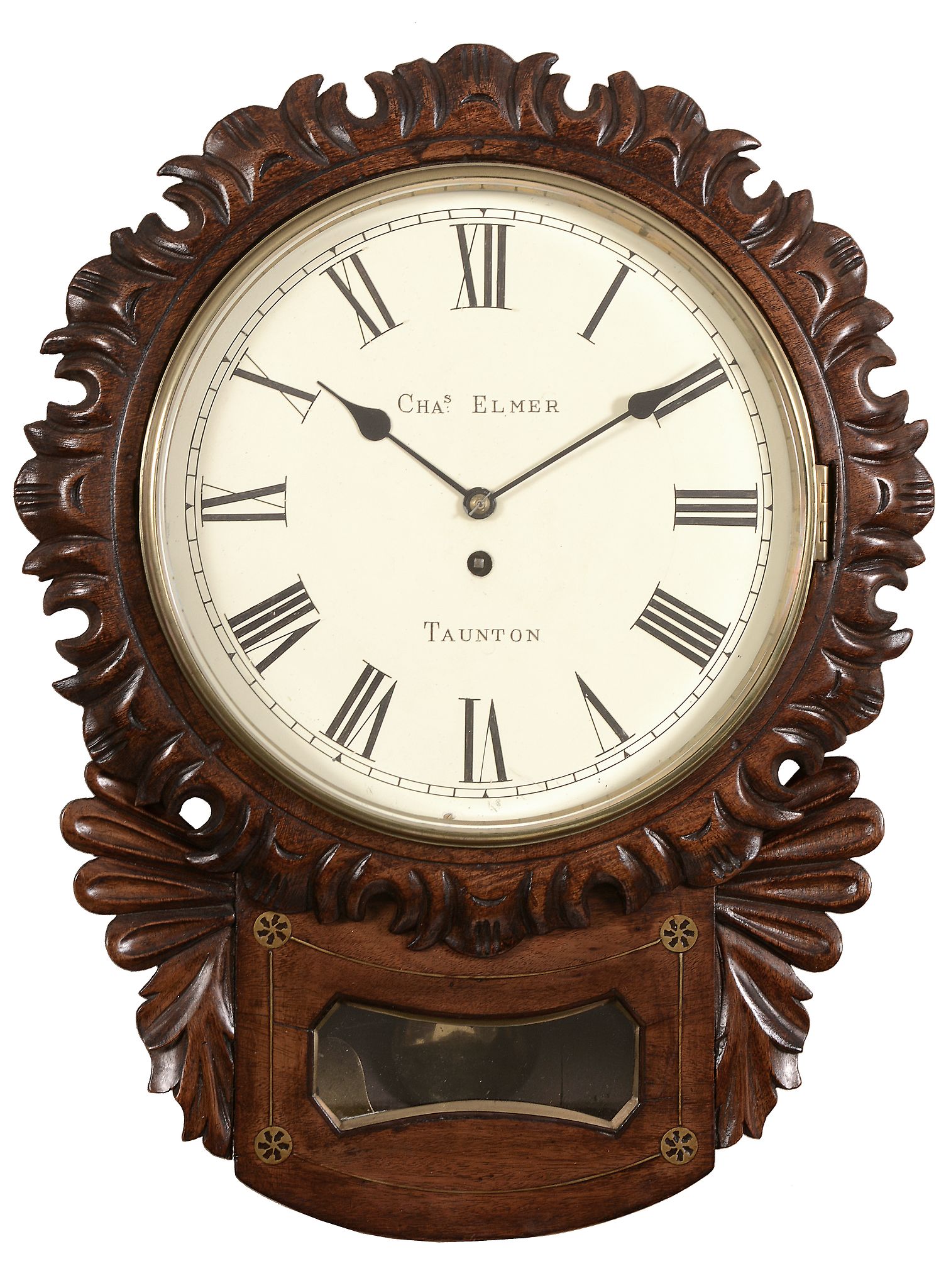 A Victorian brass inlaid mahogany drop-dial fusee wall timepiece The dial...   A Victorian brass