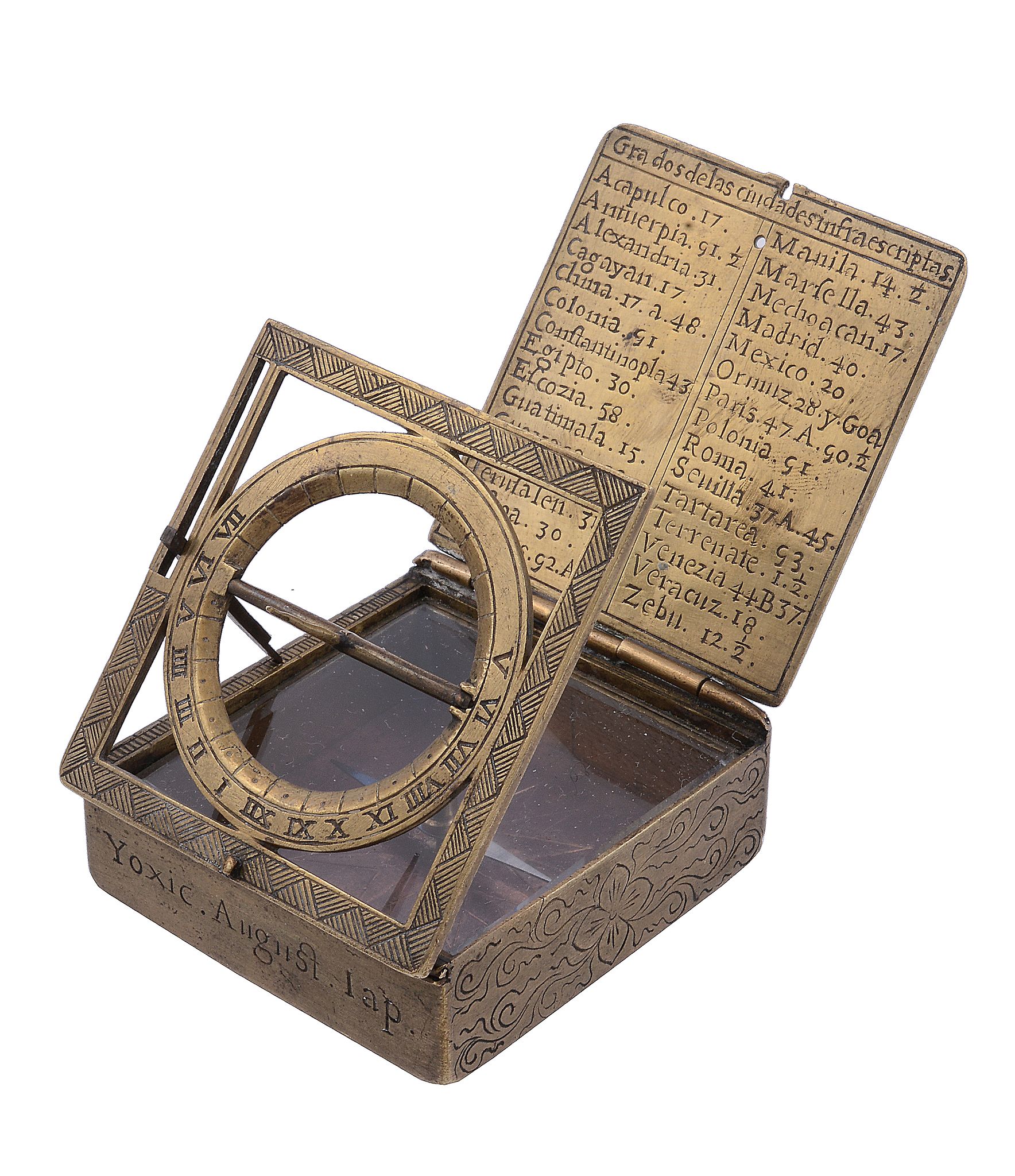 A rare Spanish brass portable equinoctial compass sundial Unsigned   A rare Spanish brass portable