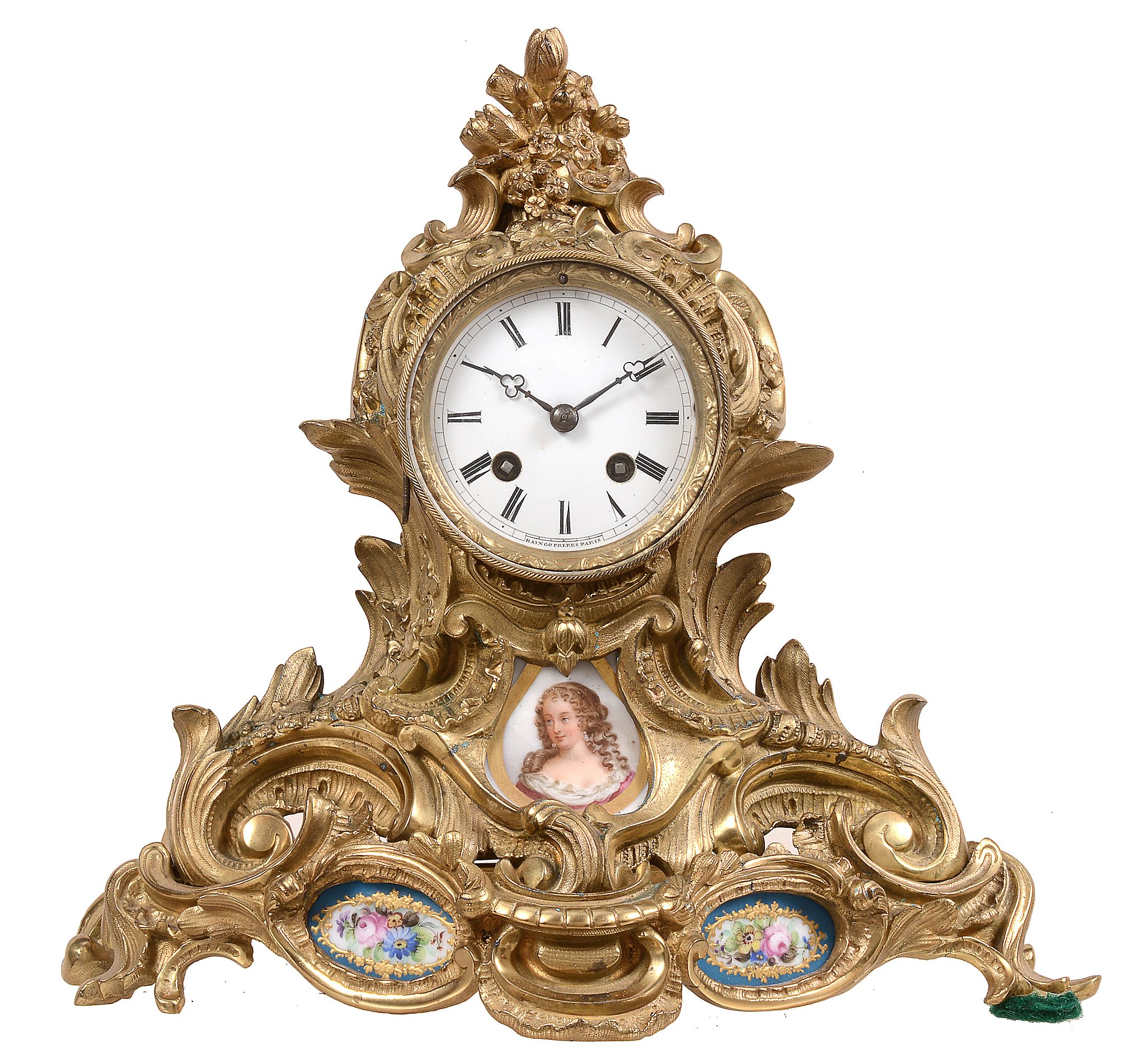 A French porcelain inset gilt brass mantel clock The movement by Raingo Freres   A French