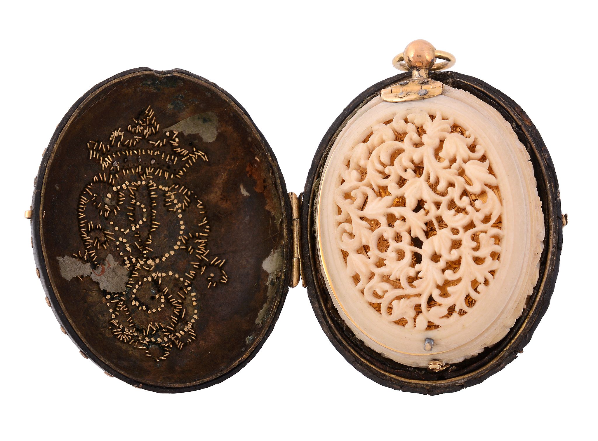 A fine Renaissance style gilt brass and pierced ivory pendant watch Unsigned   A fine Renaissance - Image 5 of 6