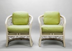 A Pair of 20th Century Painted Metal Garden Chairs of tub shaped form with pierced filigree backs