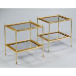 A Pair of Burr Myrtle and Brass Two Tier Tables with bevelled glass shelves , 56cm wide, 58cm