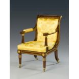 A Pair of Regency Simulated Rosewood Library Armchairs the backs with scroll-over top rails and