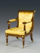 A Pair of Regency Simulated Rosewood Library Armchairs the backs with scroll-over top rails and