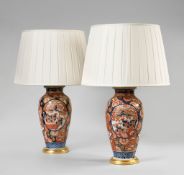 A Pair of Imari Palette Vases now converted to lamps together with shades , 19.1cm wide, 38.1cm high
