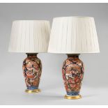 A Pair of Imari Palette Vases now converted to lamps together with shades , 19.1cm wide, 38.1cm high