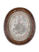 A George III Needlework Map now with a glazed Walnut Moulded frame in coloured wool on a cotton