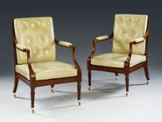 A Pair of Regency Mahogany Library Chairs the rectangular caned backs, seats and arm supports with