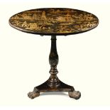 An Early 19th Century Chinese Export Black Lacquer Centre Table the gilt decorated circular tilt top