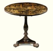 An Early 19th Century Chinese Export Black Lacquer Centre Table the gilt decorated circular tilt top