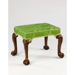 A George II Carved Walnut Stool the square cabriole legs carved at the knees with acanthus leaves,