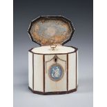 A George III Gold-Mounted Ivory and Toirtoiseshell Tea Caddy the hinged lid with gold ring handle
