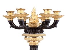 A Pair of French Empire Marble and Ormolu Candelabra each in the form of a fluted column supported