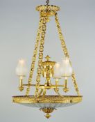 A Regency Brass and Cut Glass Colza Dish Light the plumed corona above bold foliate chain supports