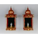 Pairs of Regency Style Chinoiserie Metal Wall Lanterns the pagoda tops hung with bells, decorated