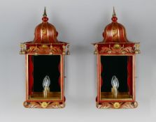 Pairs of Regency Style Chinoiserie Metal Wall Lanterns the pagoda tops hung with bells, decorated