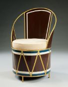 A Set of Six Modernist Tôle Cafe Chairs each with stylised representing a military drum, on a