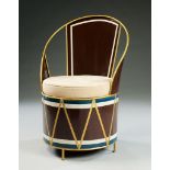 A Set of Six Modernist Tôle Cafe Chairs each with stylised representing a military drum, on a