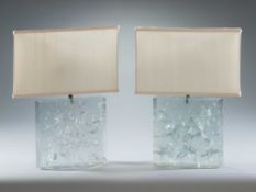 A Pair of Clear Refracted Lucite Lamp by Marie Claudes De Fouquieres with rectangular simulated rock