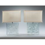 A Pair of Clear Refracted Lucite Lamp by Marie Claudes De Fouquieres with rectangular simulated rock