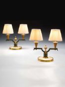 A Pair of French Patinated and Gilded Bronze Table Lamps the arms of patinated and gilded bronze