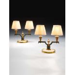 A Pair of French Patinated and Gilded Bronze Table Lamps the arms of patinated and gilded bronze