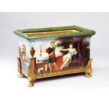 An Empire Tôle Jardiniere decorated on all faces with classical scenes, 33cm wide, 23cm high, 19cm