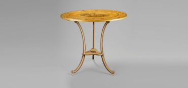 A George III Oval Painted Occasional Table the centre of the top with a coloured engraving in the