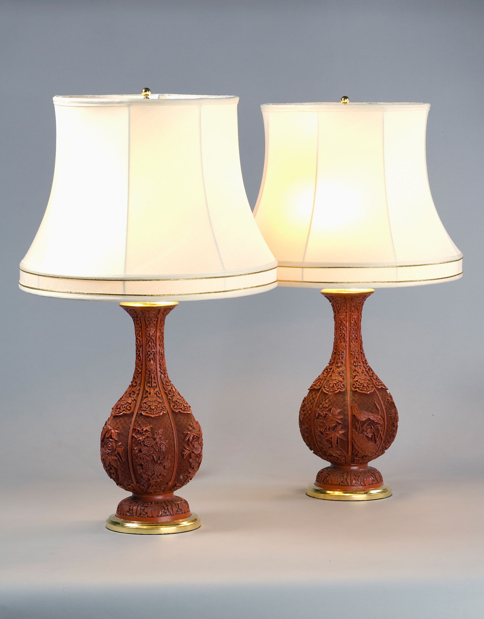 A Pair of Chinese Cinnabar Lacquer Vases Mounted as Lamps A Pair of Chinese Cinnabar Lacquer Vases