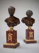 A Pair of Charles X Bronze Busts Depicting Echo and Narcissus with rich brown patination, each on