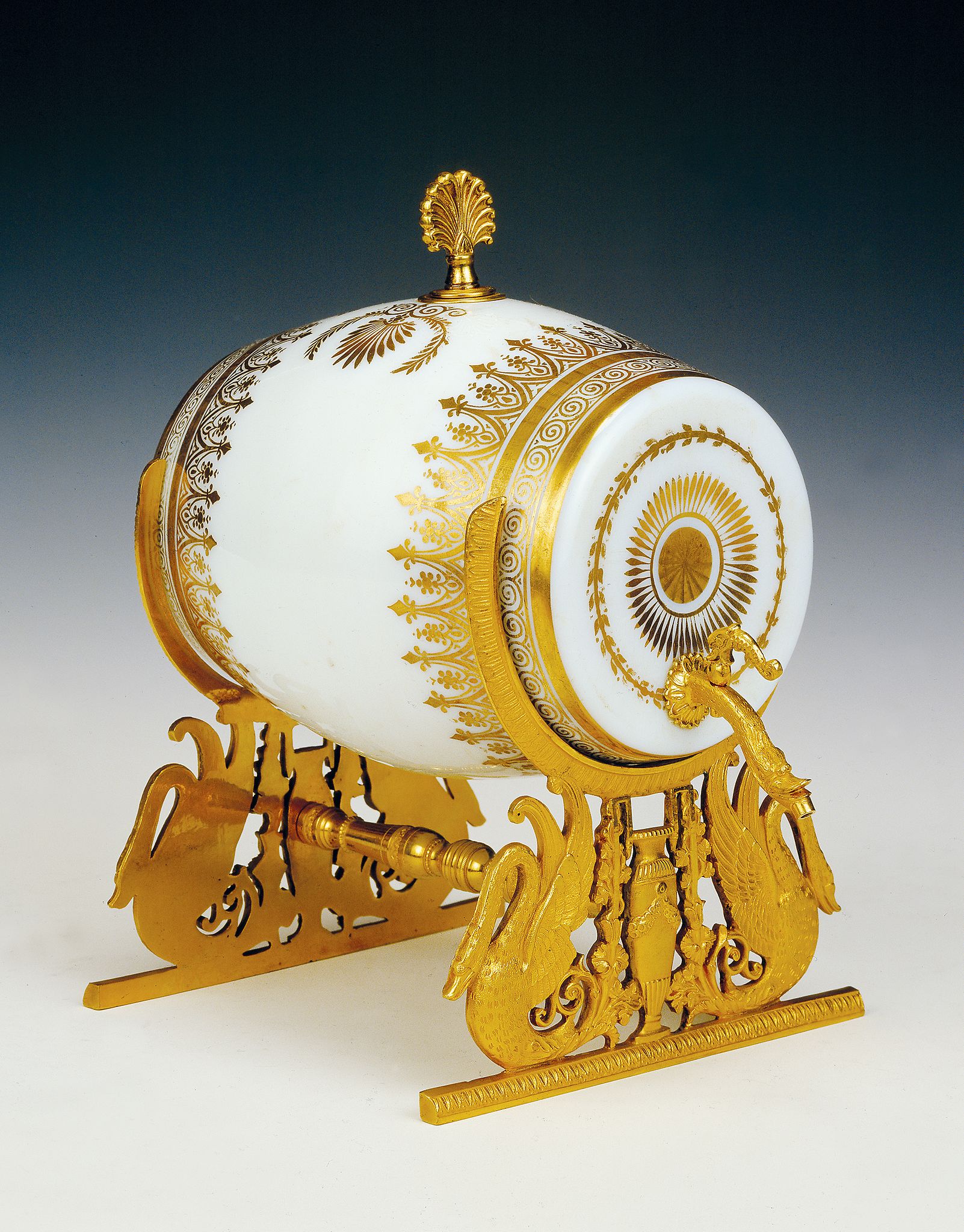 An Early 19th Century French Ormolu Mounted Opaline Spirit Barrel the ormolu base decorated with