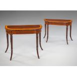 A Pair of George III Mahogany Card Tables the tops with satinwood and rosewood crossbanding, the